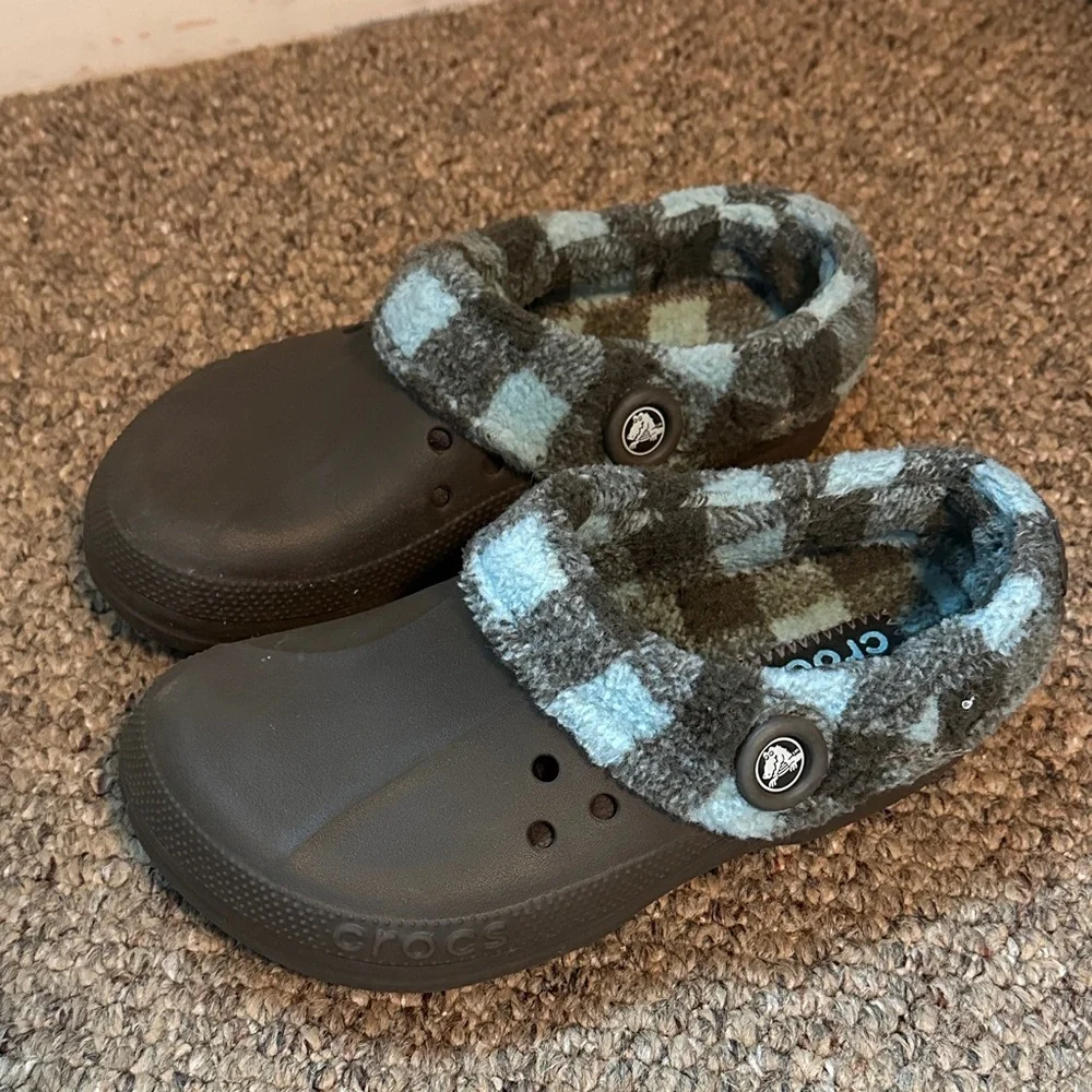 CROCS Kids' Brown and Blue Plaid Lined Slippers - Picture 4 of 5